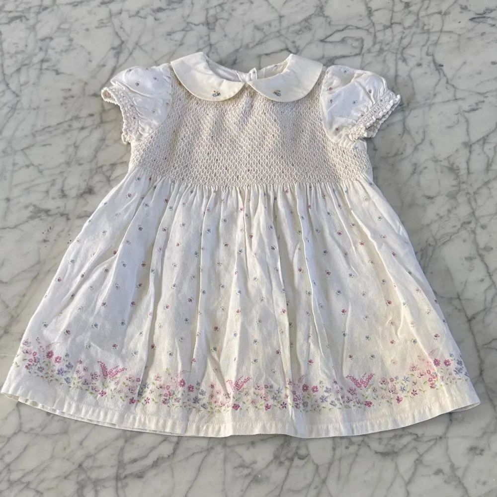 Gymboree Smocked Baby Dress Cottagecore Linen Floral Summer Sz 24 Months